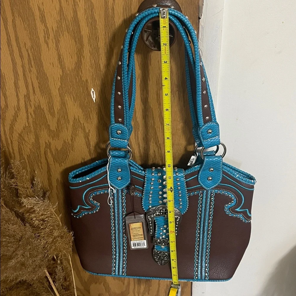 Brown and Blue Studded Women's Handbag - Picture 4 of 12